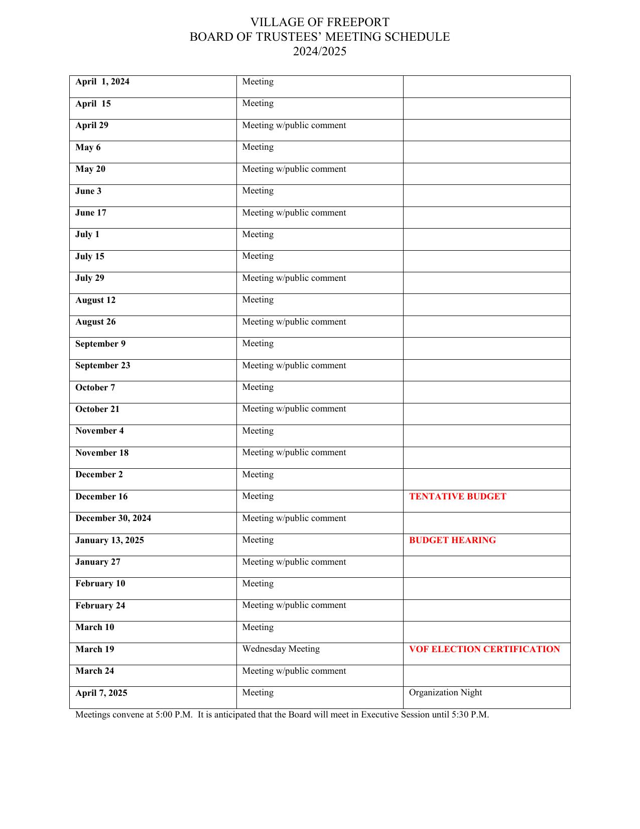 2024 2025 BOT Meeting Schedule
